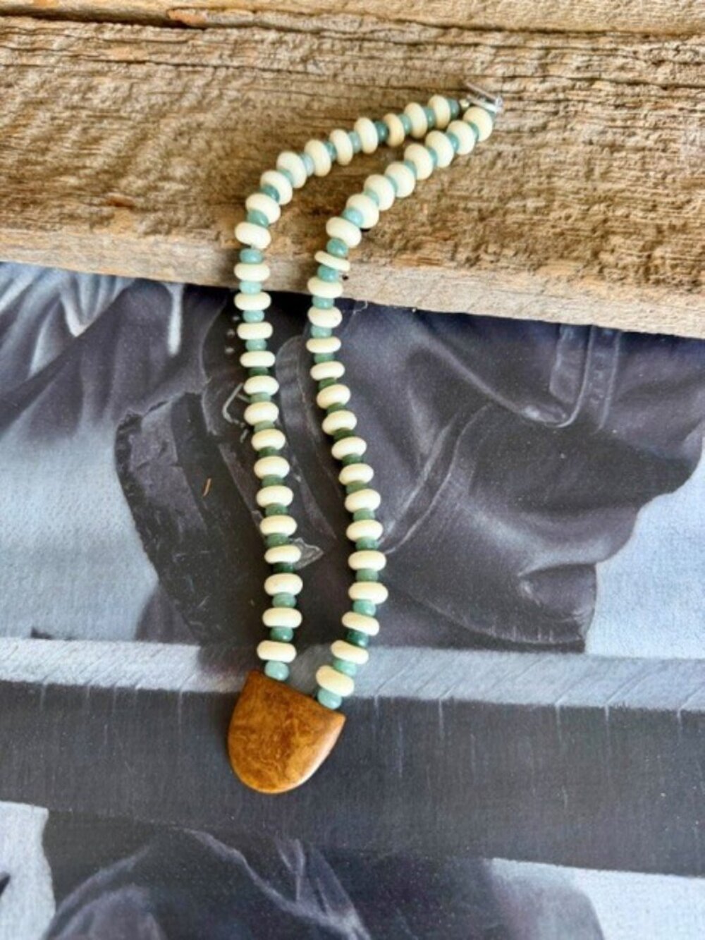 Vintage Wood & Sage Gray Jade Necklace